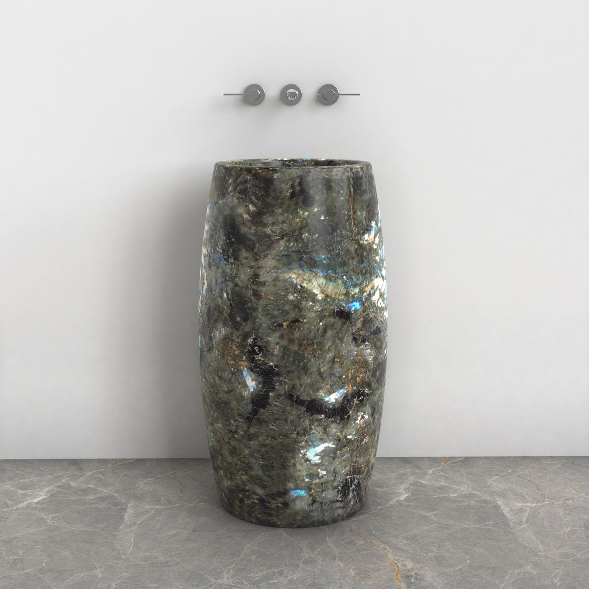 Patra Celestia Blue Quartzite Pedestal Sink — front room view showing the complete pedestal profile