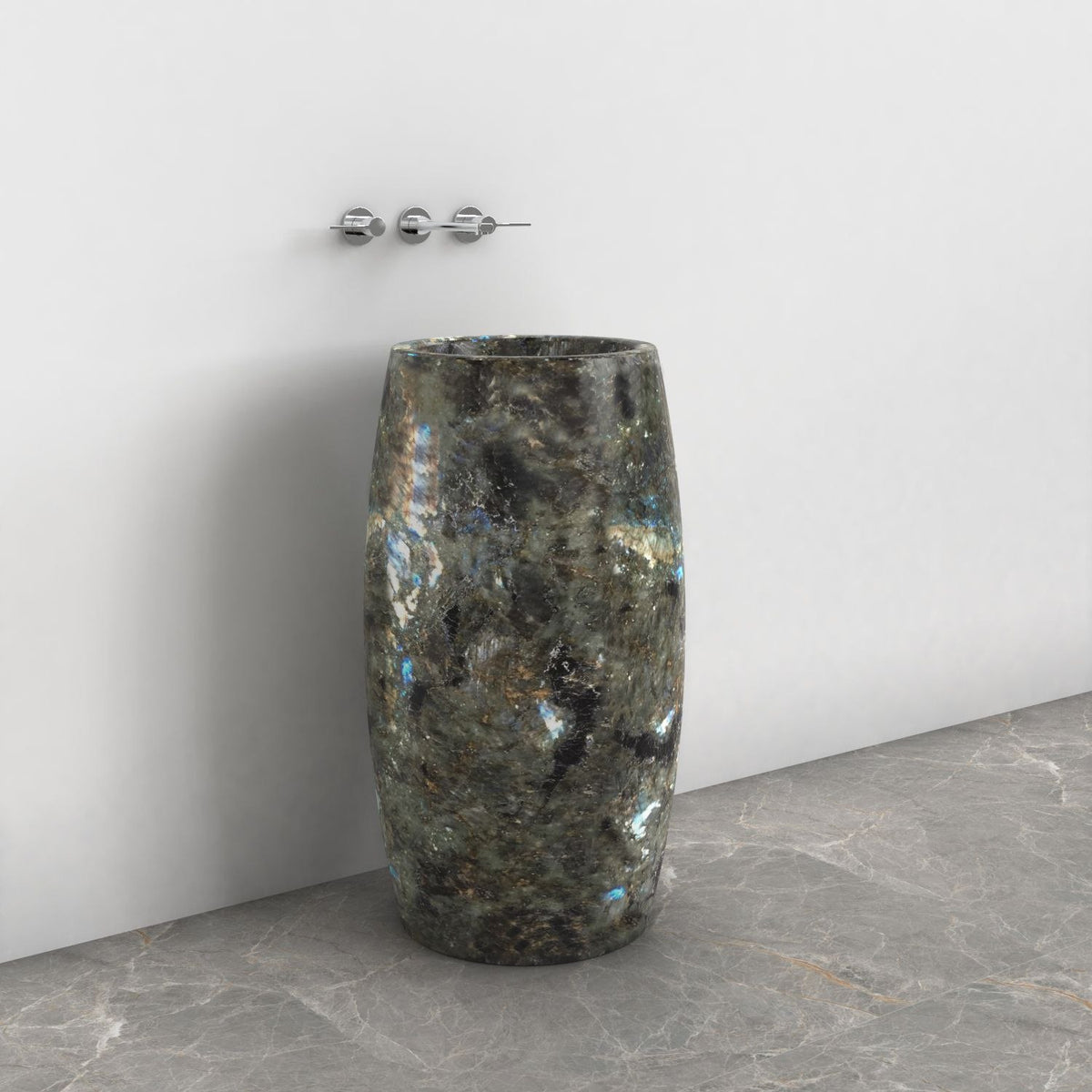 Patra Celestia Blue Quartzite Pedestal Sink — alternate bathroom angle showing the full product and side profile