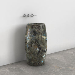 Patra Celestia Blue Quartzite Pedestal Sink — alternate bathroom angle showing the full product and side profile