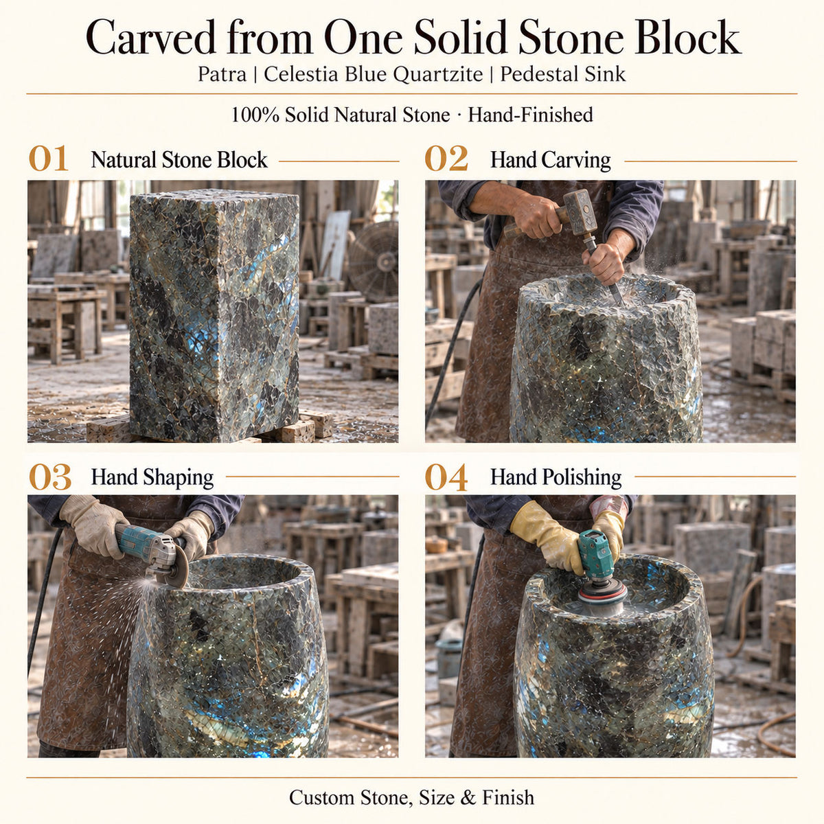Patra Celestia Blue Quartzite Pedestal Sink carved from one solid natural stone block with hand carving, shaping and polishing