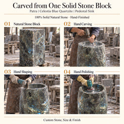 Patra Celestia Blue Quartzite Pedestal Sink carved from one solid natural stone block with hand carving, shaping and polishing