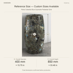 Patra Celestia Blue Quartzite Pedestal Sink reference overall dimensions in millimeters and inches
