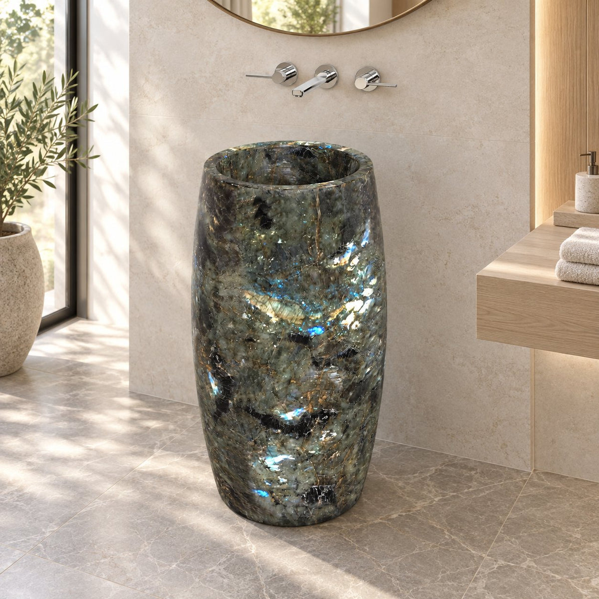 Patra Celestia Blue Quartzite Pedestal Sink — pale oak bathroom, full pedestal three-quarter view