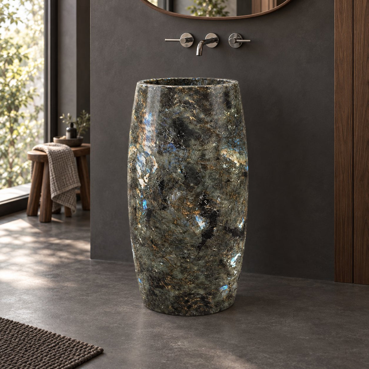 Patra Celestia Blue Quartzite Pedestal Sink — charcoal bathroom, lower opposite side view