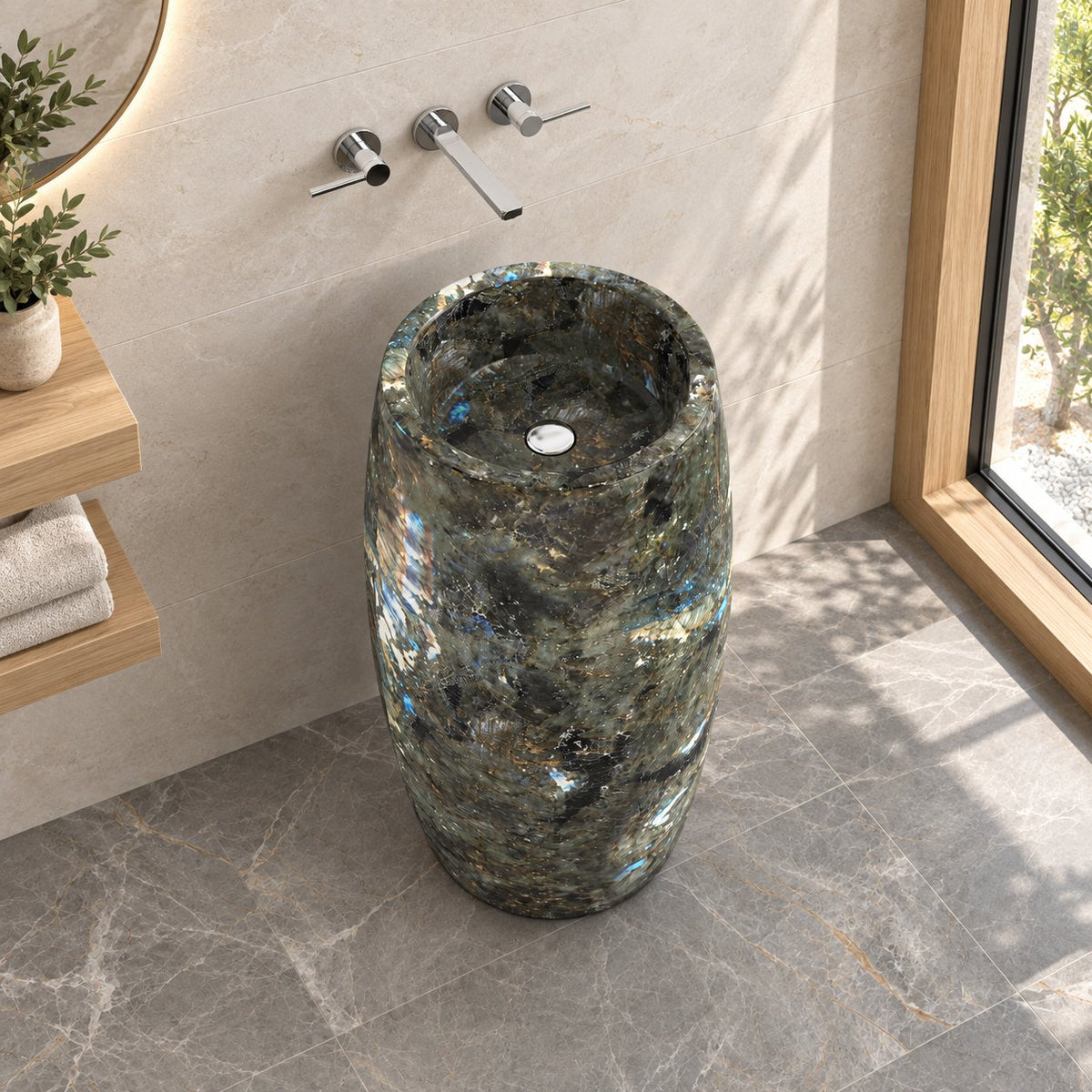 Patra Celestia Blue Quartzite Pedestal Sink — light oak bathroom, elevated interior and full pedestal