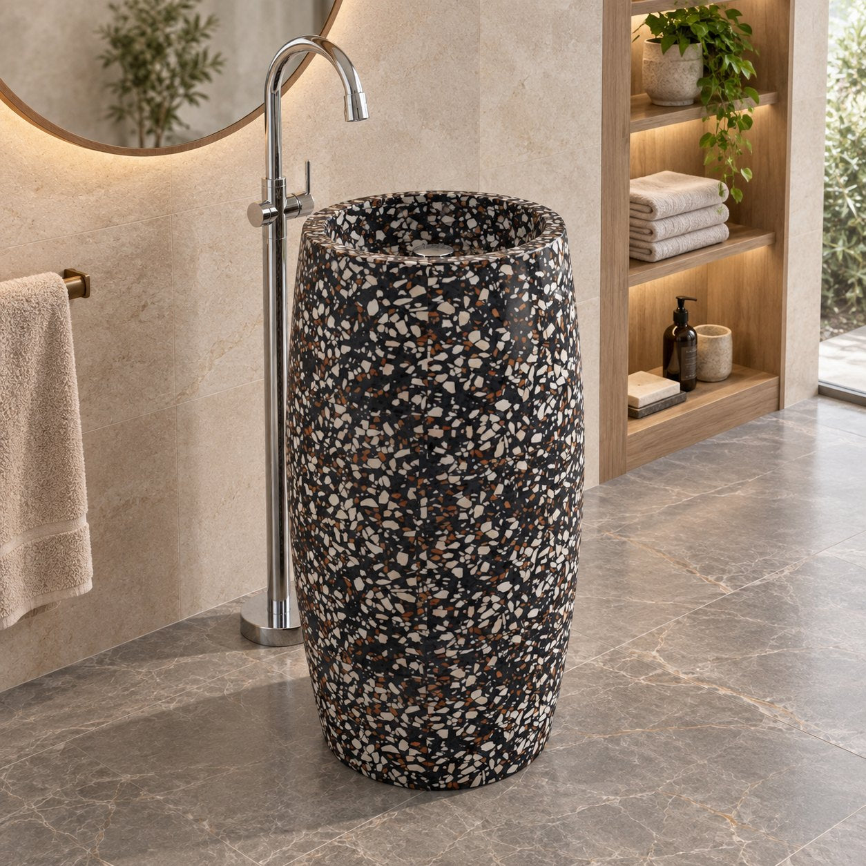 Patra Coffee Terrazzo Pedestal Sink — three-quarter full pedestal bathroom lifestyle