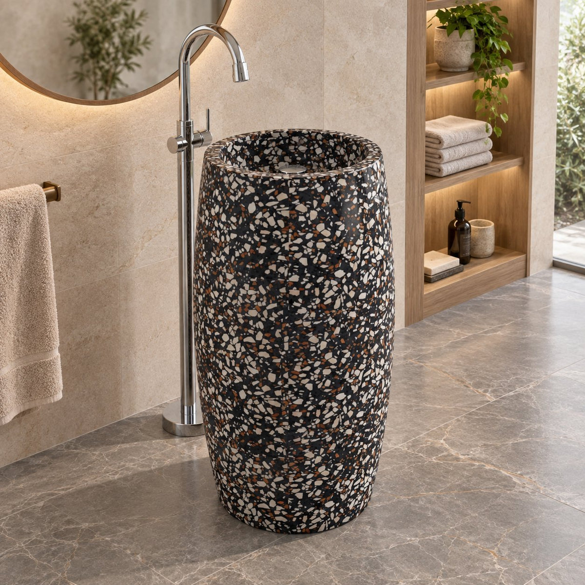 Patra Coffee Terrazzo Pedestal Sink — three-quarter full pedestal bathroom lifestyle