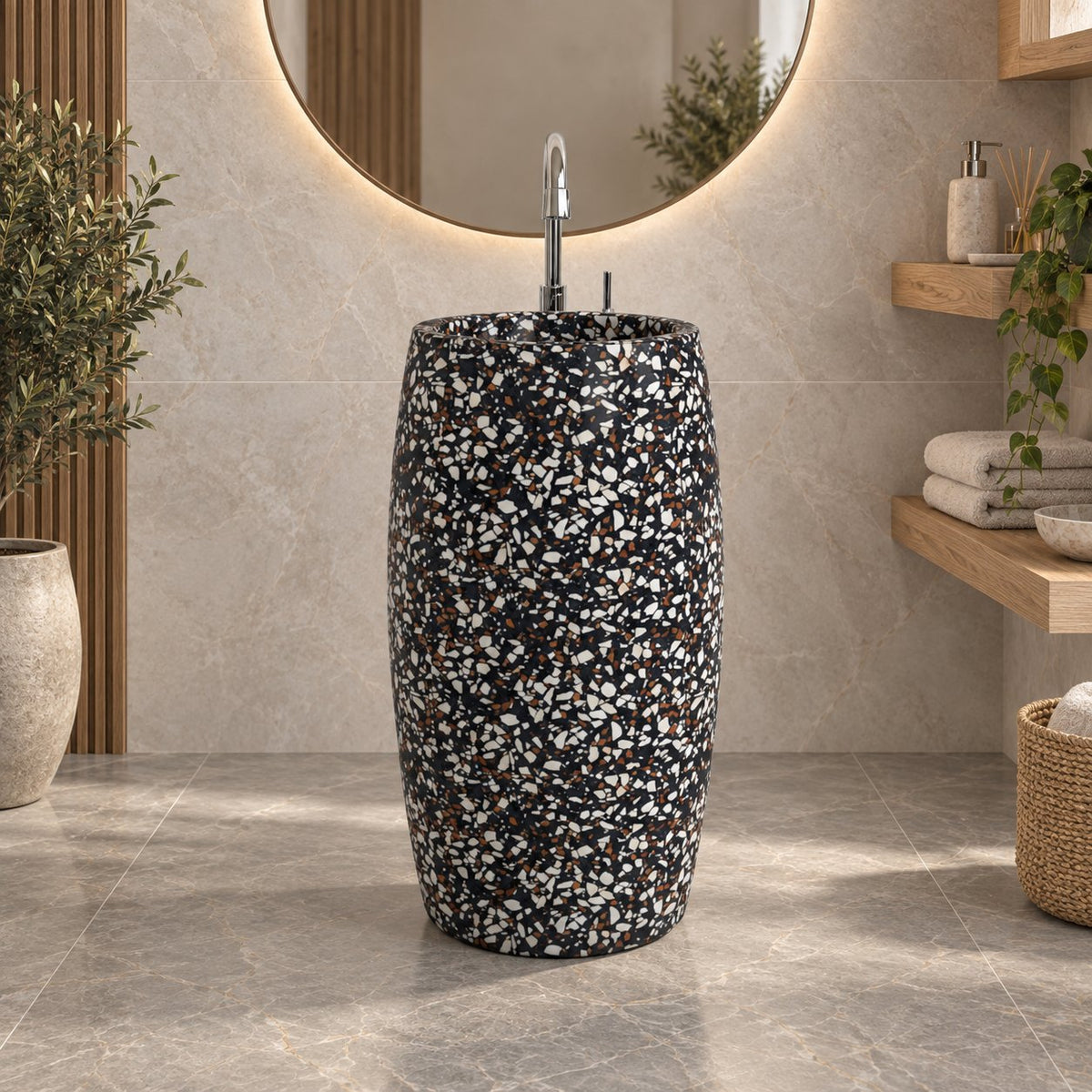 Patra Coffee Terrazzo Pedestal Sink — low frontal full pedestal bathroom lifestyle