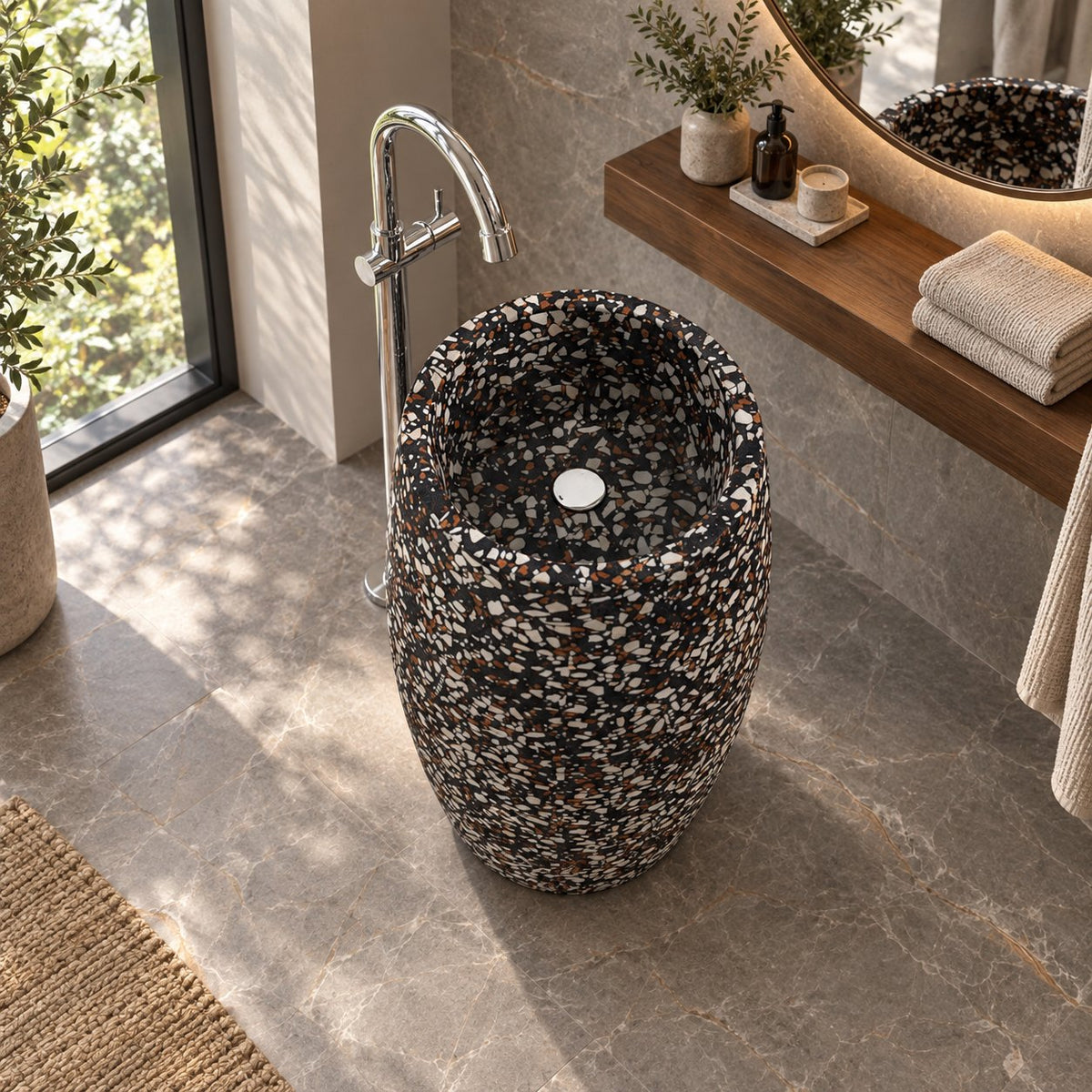 Patra Coffee Terrazzo Pedestal Sink — elevated full pedestal bathroom lifestyle