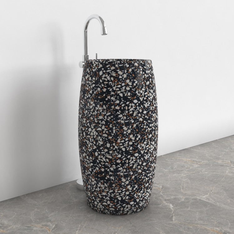 Patra Coffee Terrazzo Pedestal Sink — complete floor-standing sink in a bathroom corner