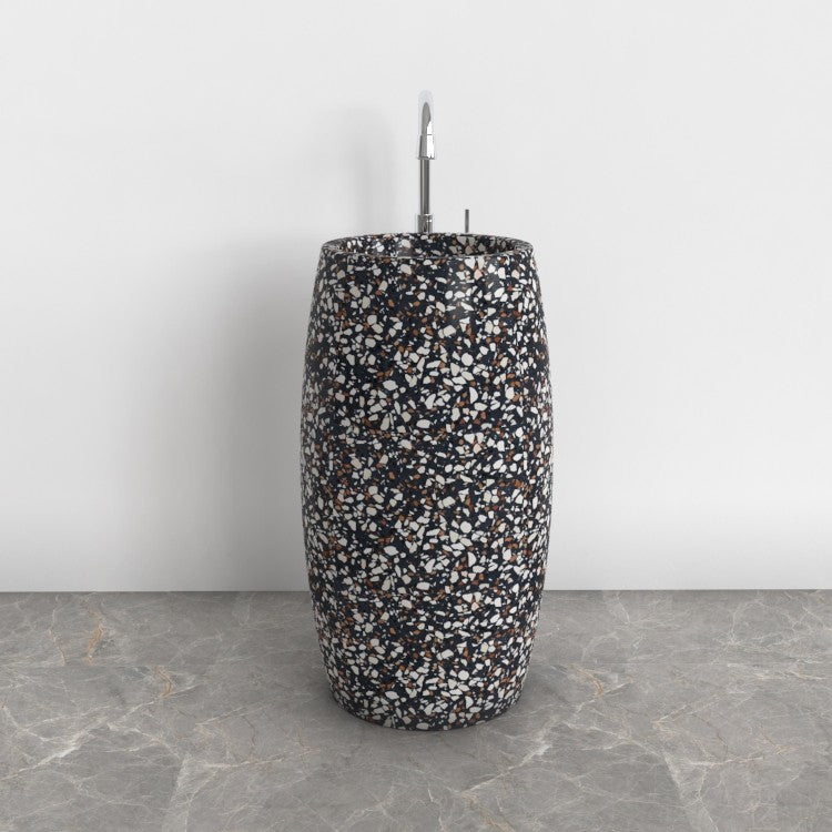 Patra Coffee Terrazzo Pedestal Sink — front room view of the full-height pedestal