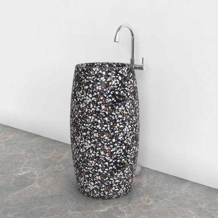 Patra Coffee Terrazzo Pedestal Sink — opposite room angle showing the basin and complete base