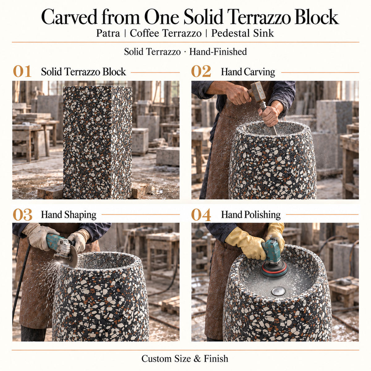 Patra Coffee Terrazzo Pedestal Sink carved from one solid terrazzo block with hand carving, shaping and polishing