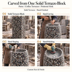 Patra Coffee Terrazzo Pedestal Sink carved from one solid terrazzo block with hand carving, shaping and polishing