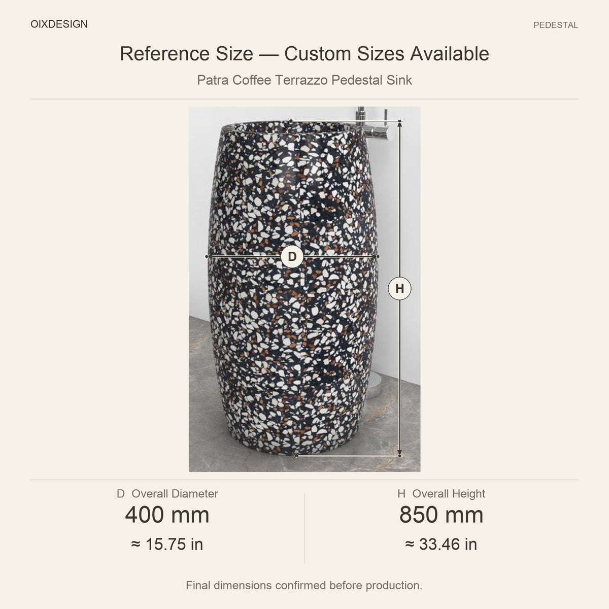 Patra Coffee Terrazzo Pedestal Sink reference overall dimensions in millimeters and inches