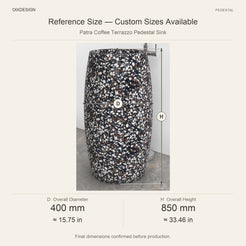 Patra Coffee Terrazzo Pedestal Sink reference overall dimensions in millimeters and inches