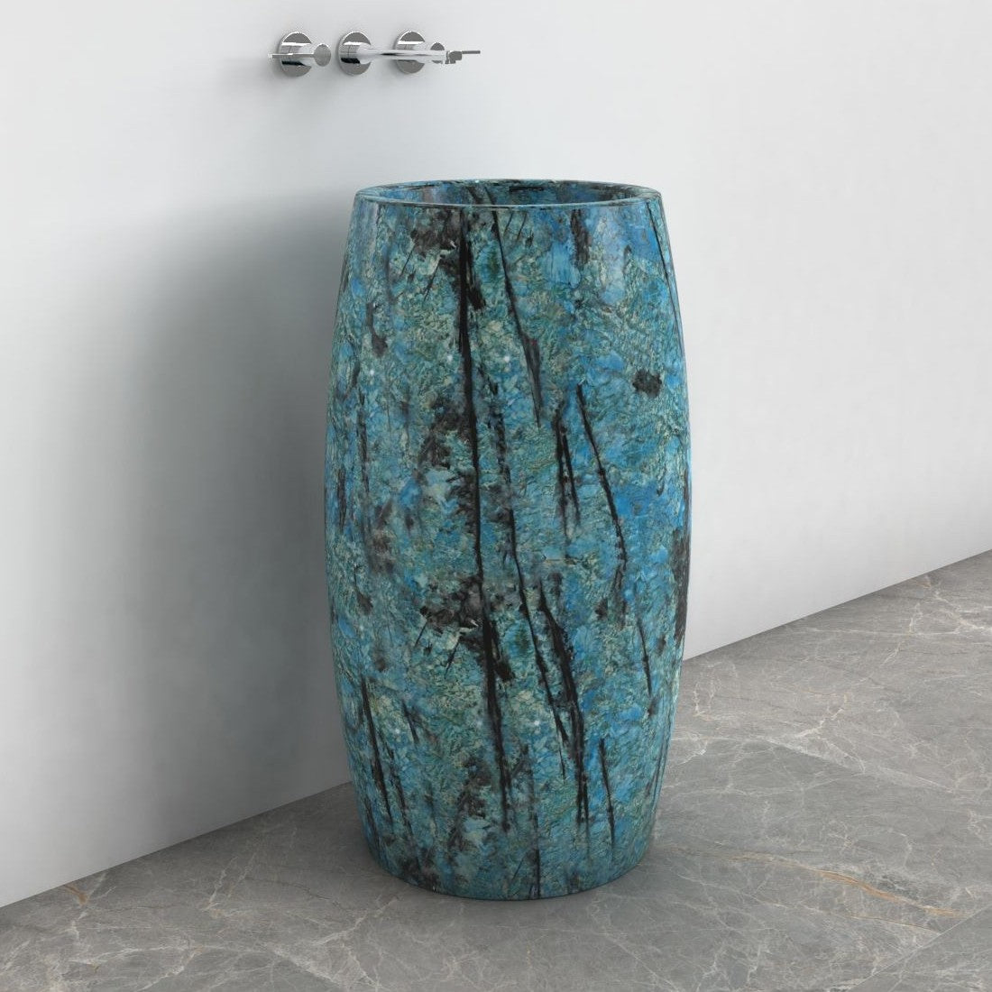 Patra Danube Blue Quartzite Pedestal Sink — complete rounded pedestal and circular basin in a bathroom corner