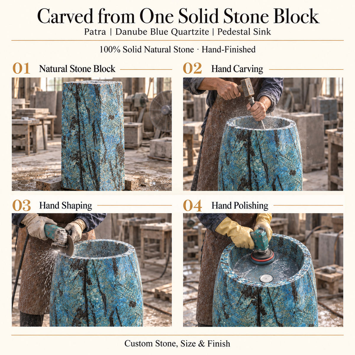 Patra Danube Blue Quartzite Pedestal Sink carved from one solid natural stone block with hand carving, shaping and polishing