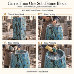 Patra Danube Blue Quartzite Pedestal Sink carved from one solid natural stone block with hand carving, shaping and polishing