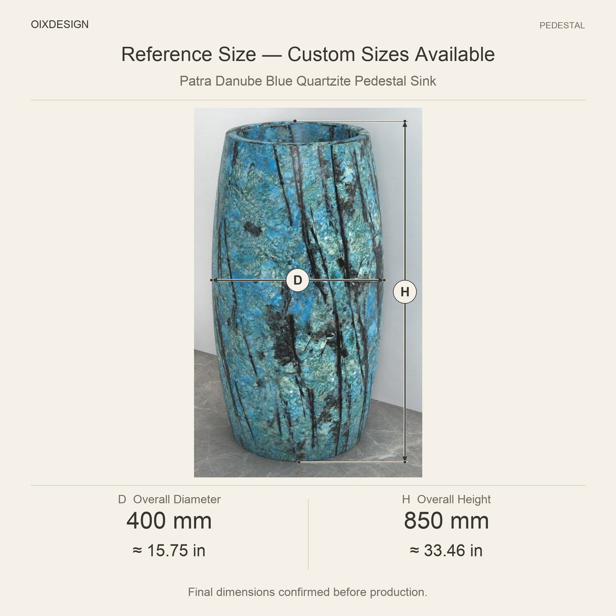 Patra Danube Blue Quartzite Pedestal Sink reference overall dimensions in millimeters and inches