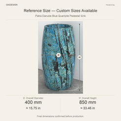 Patra Danube Blue Quartzite Pedestal Sink reference overall dimensions in millimeters and inches