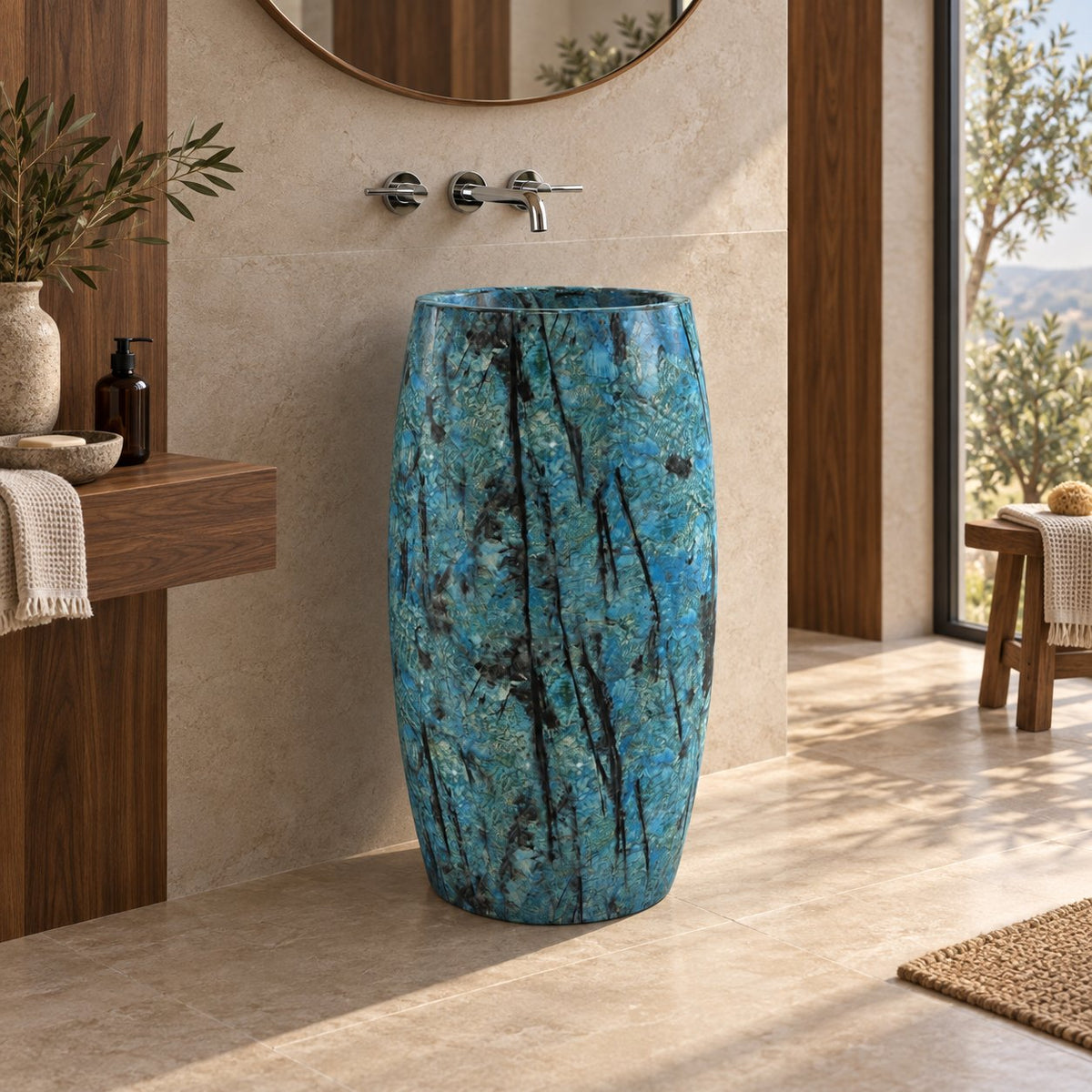 Patra Danube Blue Quartzite Pedestal Sink — warm walnut bathroom, full pedestal three-quarter view