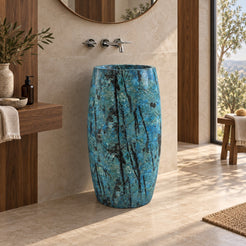 Patra Danube Blue Quartzite Pedestal Sink — warm walnut bathroom, full pedestal three-quarter view
