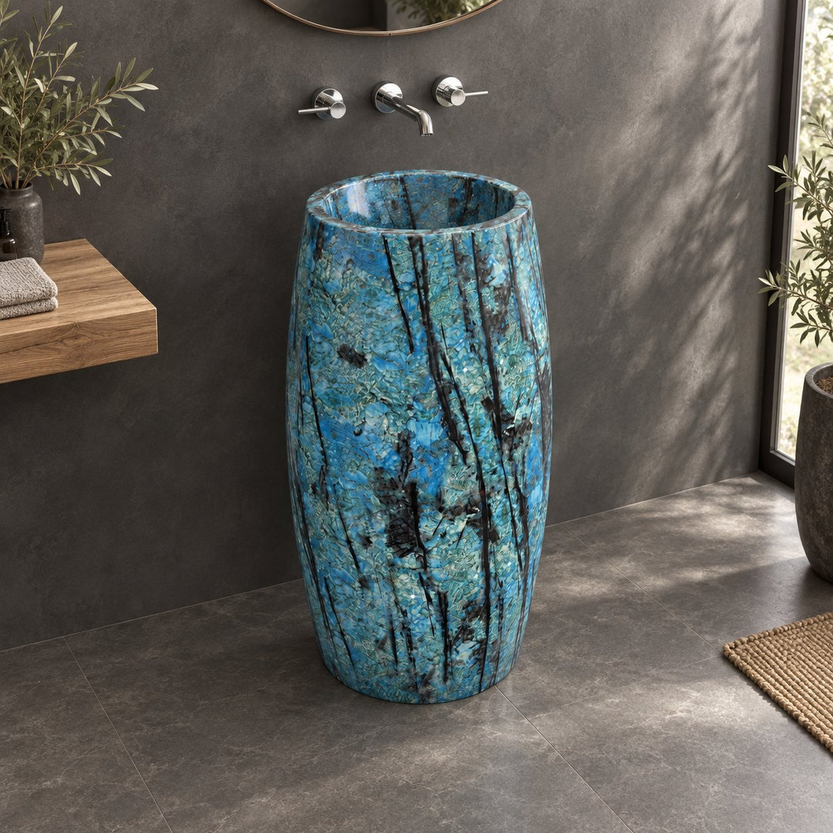 Patra Danube Blue Quartzite Pedestal Sink — charcoal bathroom, opposite side view