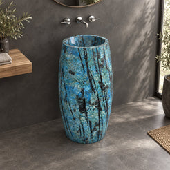 Patra Danube Blue Quartzite Pedestal Sink — charcoal bathroom, opposite side view
