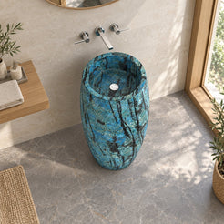 Patra Danube Blue Quartzite Pedestal Sink — light oak bathroom, elevated interior and full pedestal
