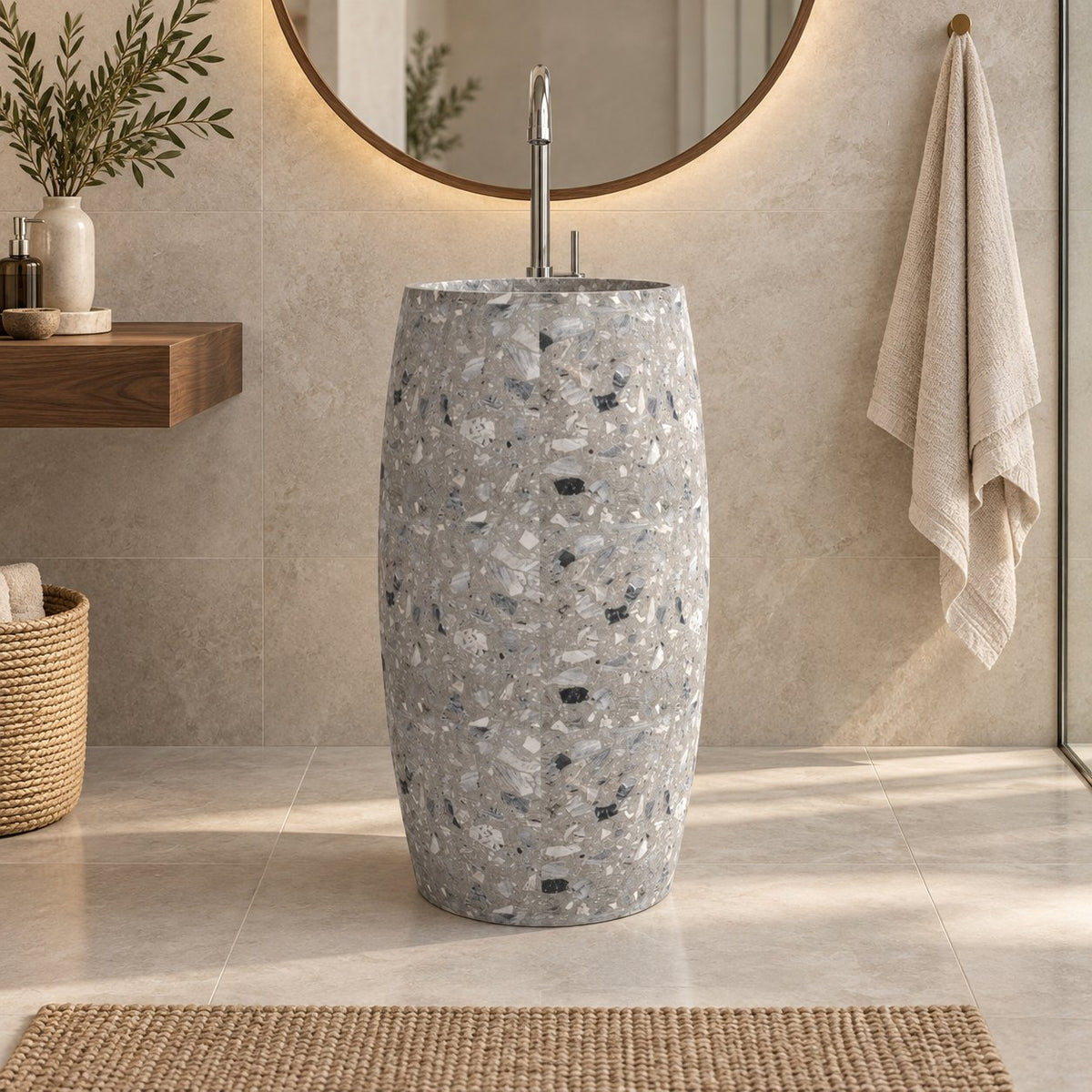 Patra Grey Terrazzo Pedestal Sink — low frontal full pedestal bathroom lifestyle