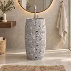 Patra Grey Terrazzo Pedestal Sink — low frontal full pedestal bathroom lifestyle