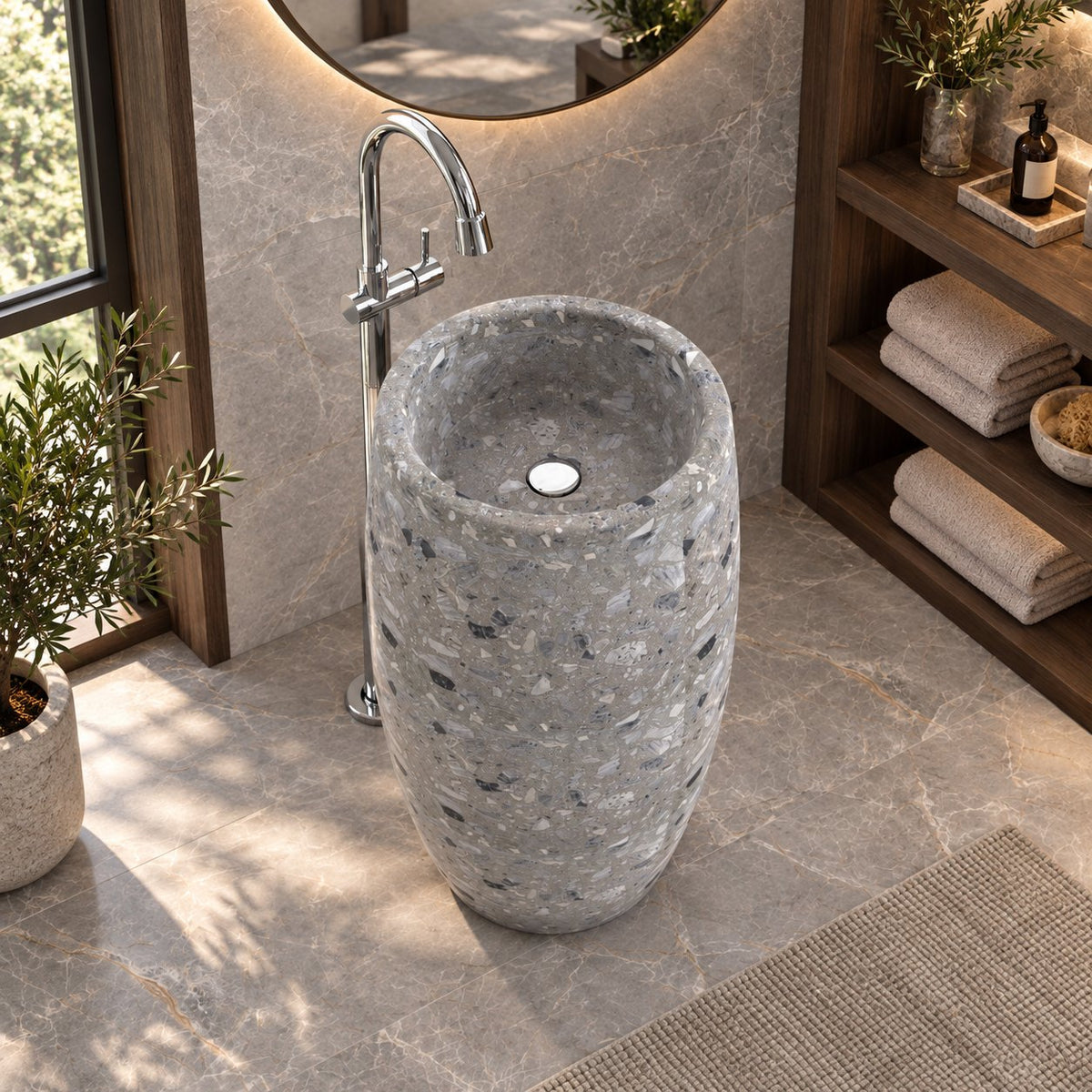Patra Grey Terrazzo Pedestal Sink — elevated full pedestal bathroom lifestyle
