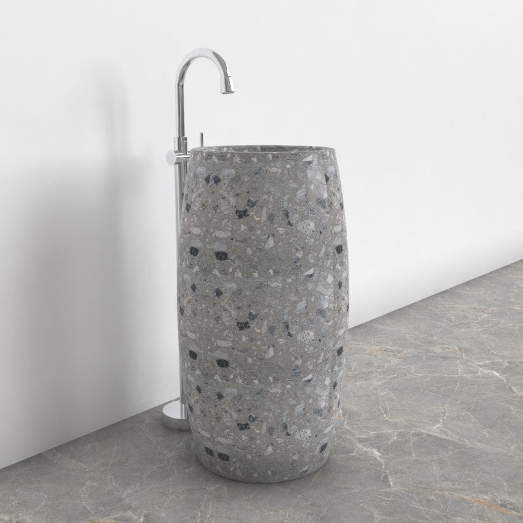 Patra Grey Terrazzo Pedestal Sink — complete floor-standing sink in a bathroom corner