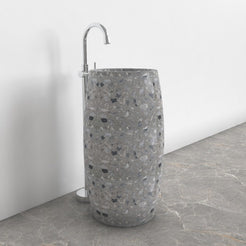Patra Grey Terrazzo Pedestal Sink — complete floor-standing sink in a bathroom corner