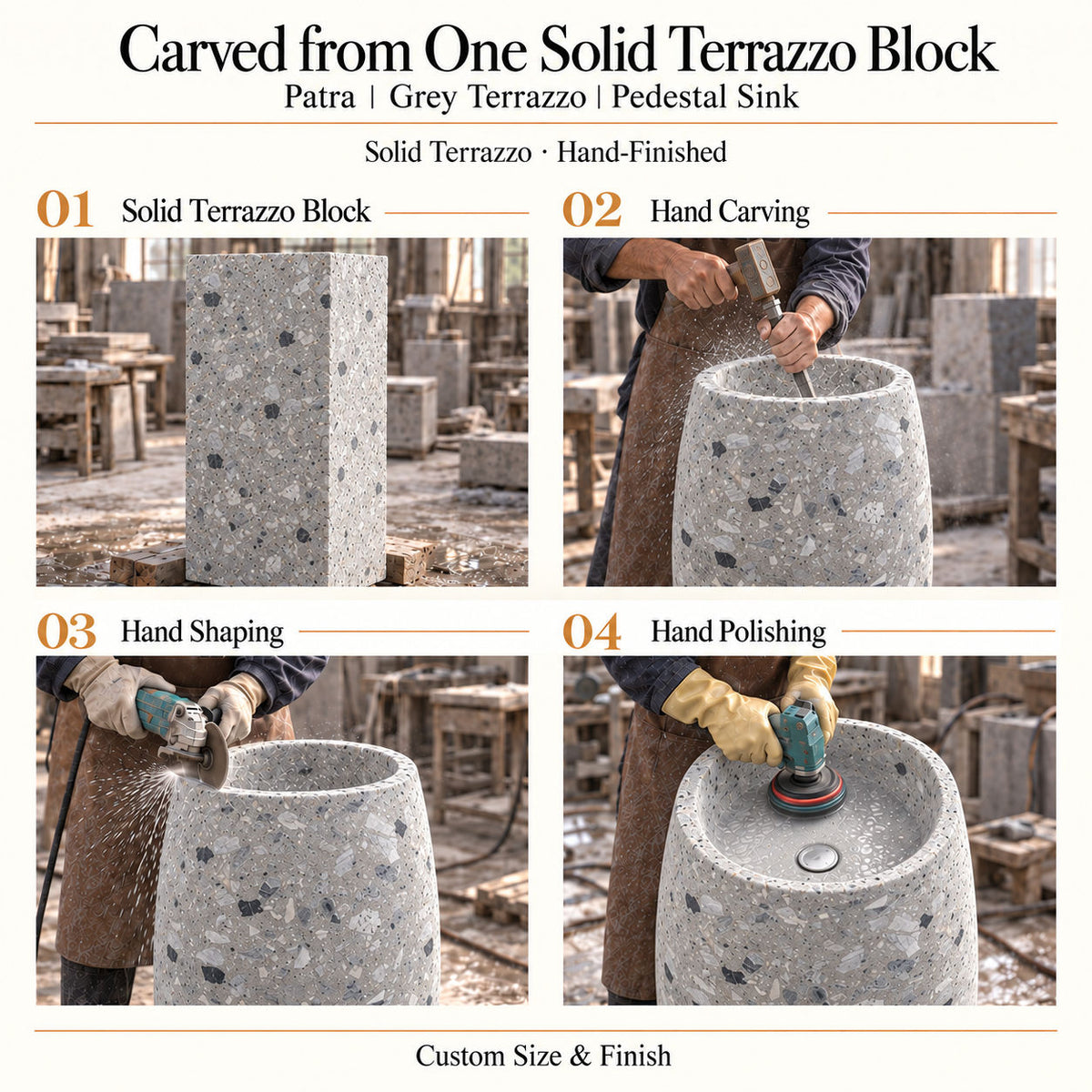 Patra Grey Terrazzo Pedestal Sink carved from one solid terrazzo block with hand carving, shaping and polishing