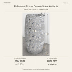Patra Grey Terrazzo Pedestal Sink reference overall dimensions in millimeters and inches