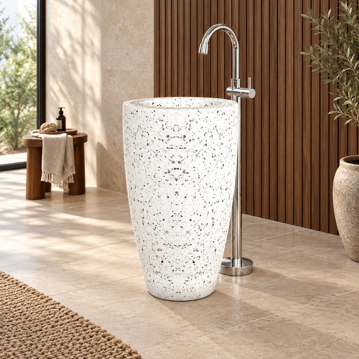 Patty Alba White Terrazzo Pedestal Sink — warm walnut bathroom, right three-quarter full pedestal