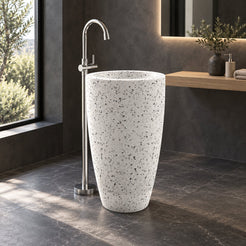 Patty Alba White Terrazzo Pedestal Sink — charcoal bathroom, opposite side full pedestal