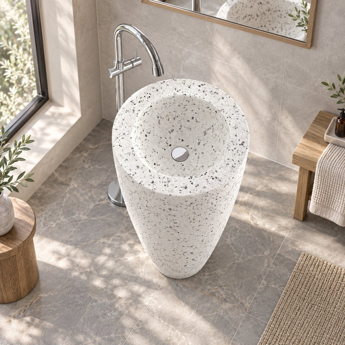 Patty Alba White Terrazzo Pedestal Sink — bright oak bathroom, elevated interior and full pedestal