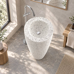 Patty Alba White Terrazzo Pedestal Sink — bright oak bathroom, elevated interior and full pedestal