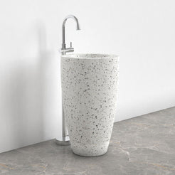 Patty Alba White Terrazzo Pedestal Sink — complete white terrazzo pedestal in a bathroom corner