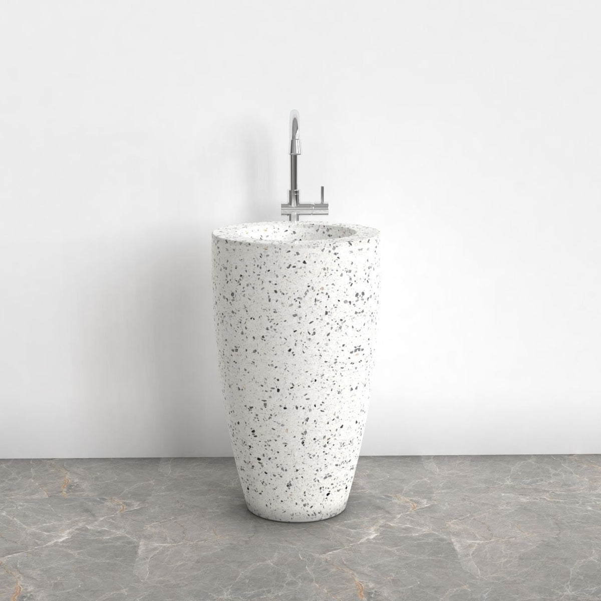 Patty Alba White Terrazzo Pedestal Sink — front bathroom view showing the full-height column and basin