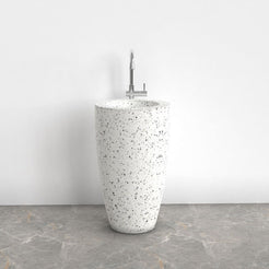 Patty Alba White Terrazzo Pedestal Sink — front bathroom view showing the full-height column and basin