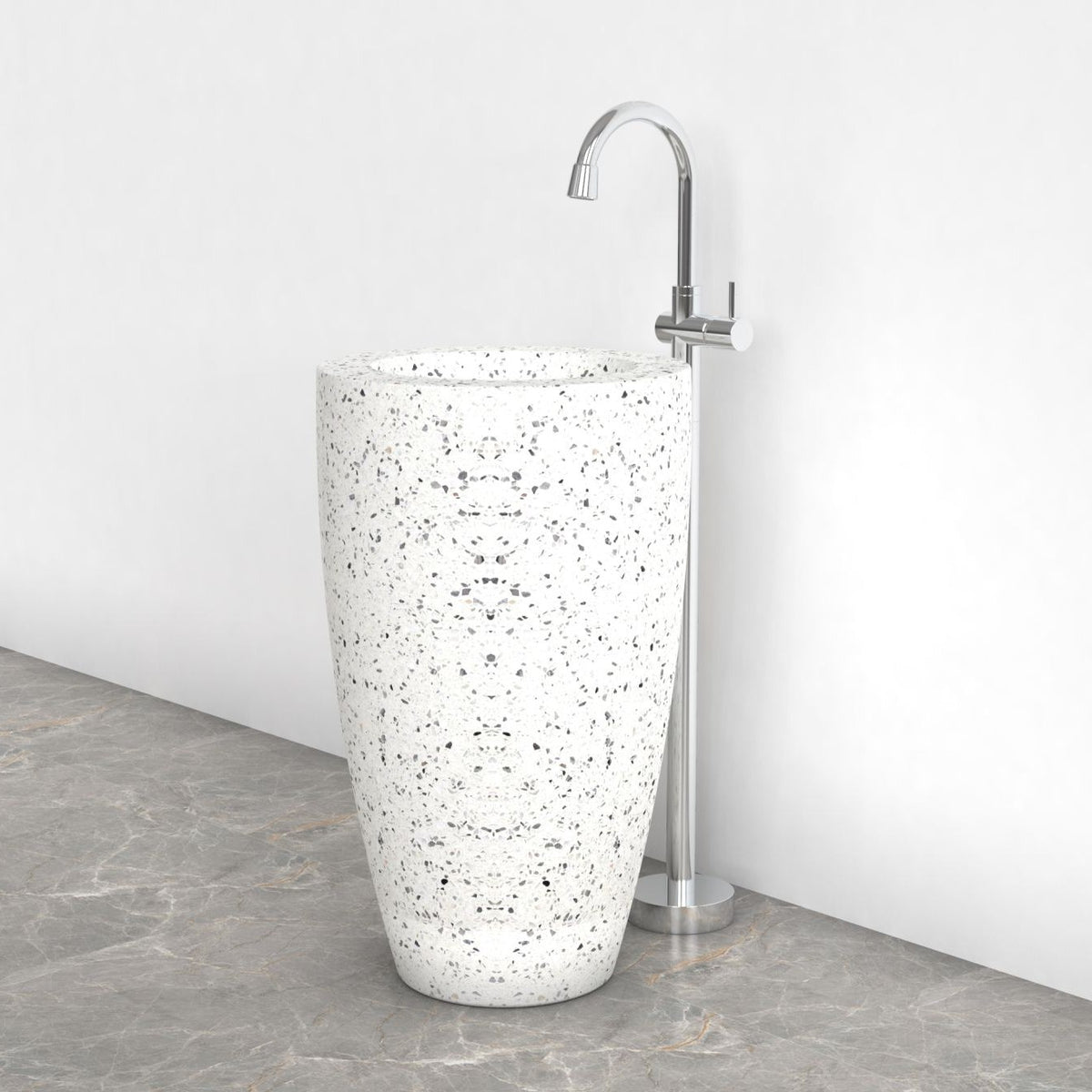 Patty Alba White Terrazzo Pedestal Sink — opposite room angle showing the complete pedestal profile