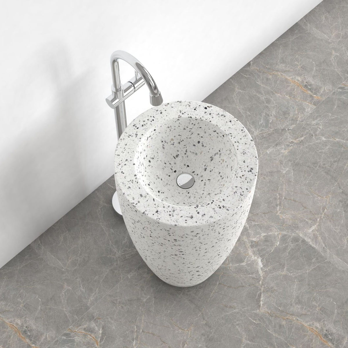 Patty Alba White Terrazzo Pedestal Sink — upper basin view showing the rim and fine aggregate