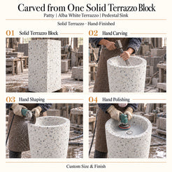 Patty Alba White Terrazzo Pedestal Sink carved from one solid terrazzo block with hand carving, shaping and polishing