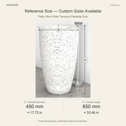 Patty Alba White Terrazzo Pedestal Sink reference overall dimensions in millimeters and inches