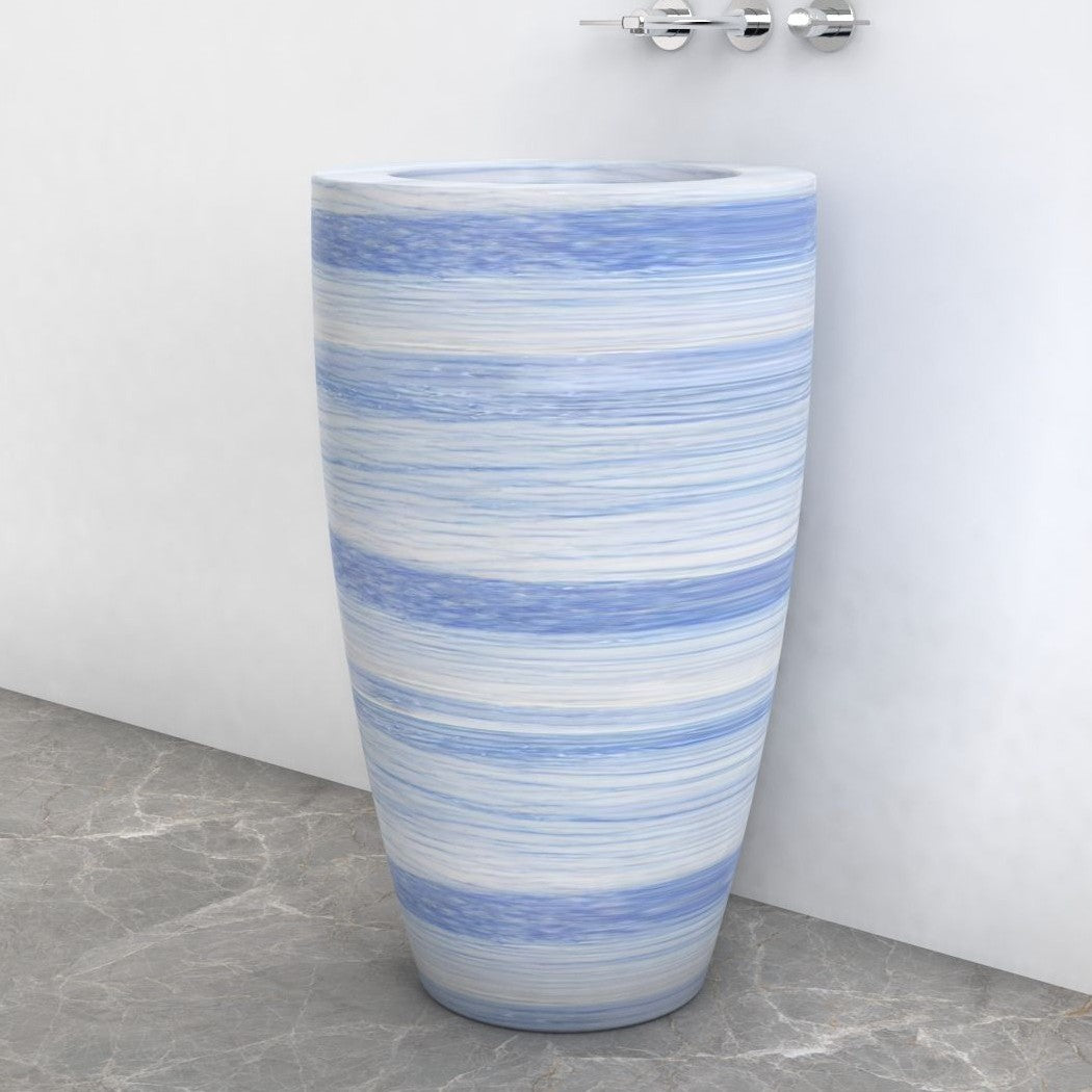 Patty Azura Blue Quartzite Pedestal Sink — complete floor-standing product from basin rim to base in a bathroom setting