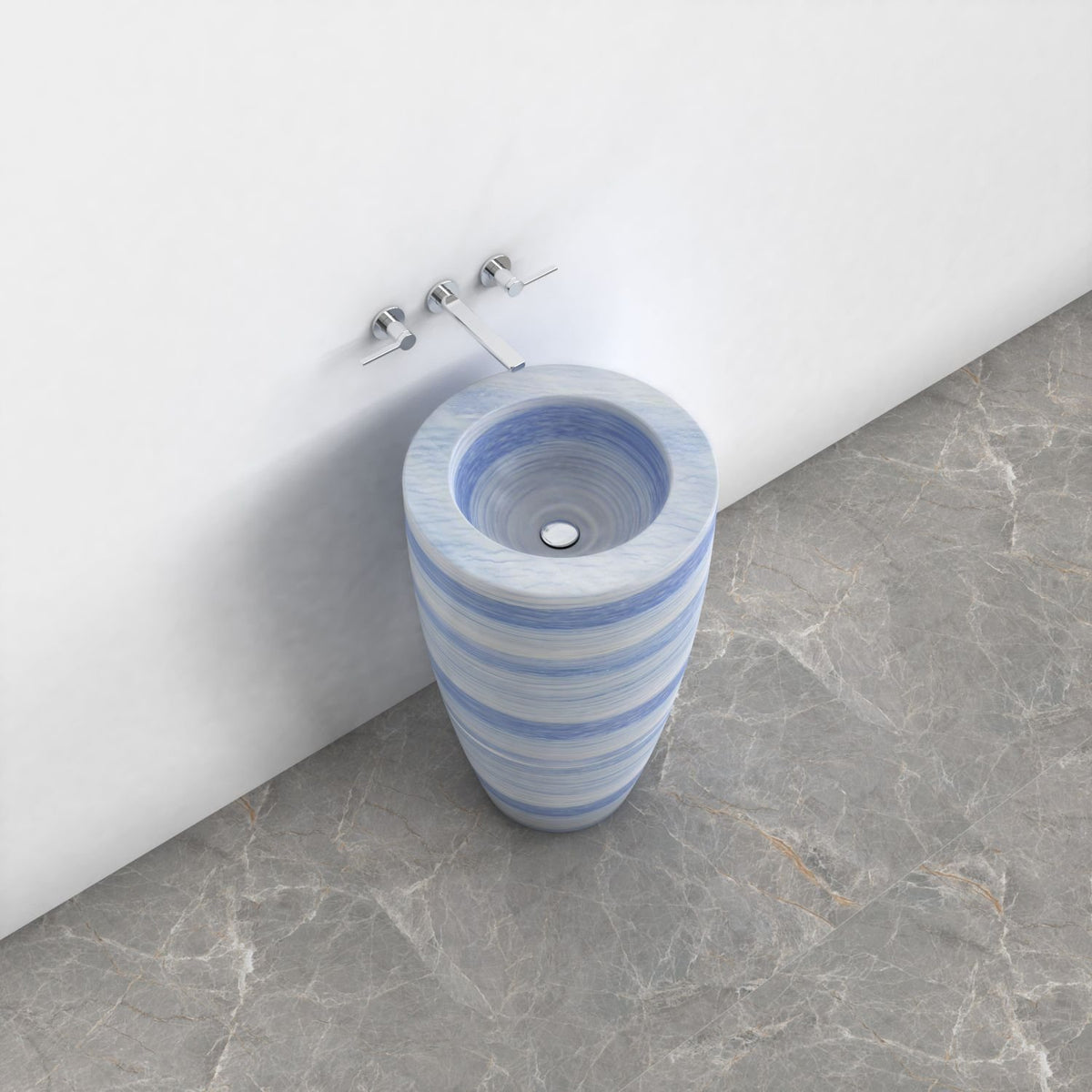 Patty Azura Blue Quartzite Pedestal Sink — elevated basin view showing the rim, inner bowl and visible drain area